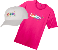 Funfetti white cap and a pink funfetti shirt